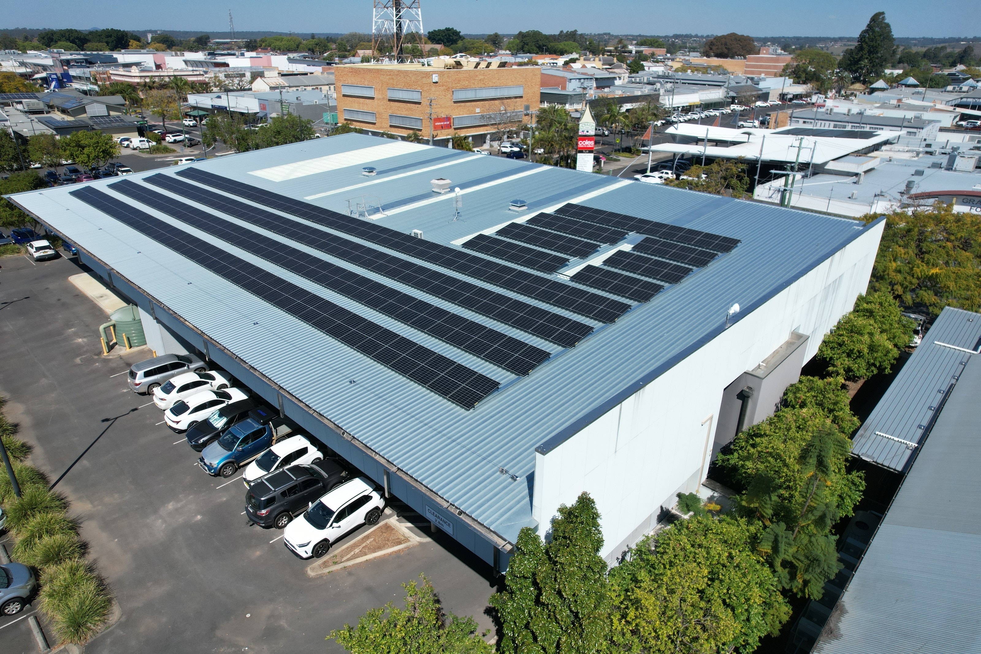 Drone view of the 99.5 kW tilt-frame solar array on the Grafton Library roof